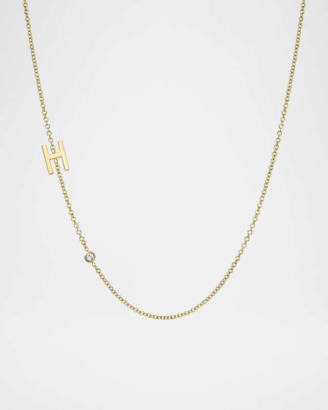 14k Gold Asymmetrical Initial and Bezel Diamond Necklace